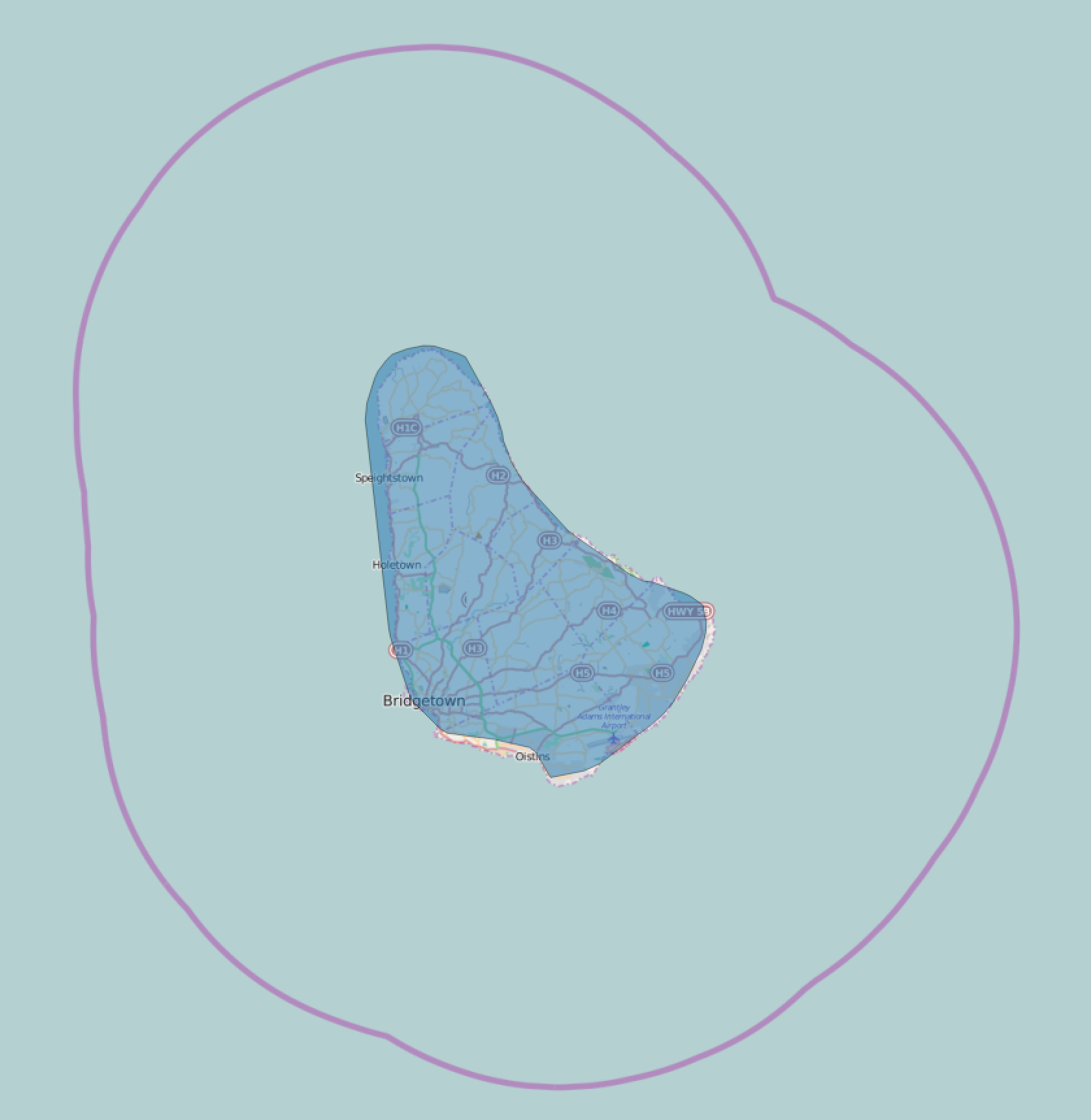 Barbados’ physical border (approximated) shown by the blue polygon and its administrative borders shown in pink.