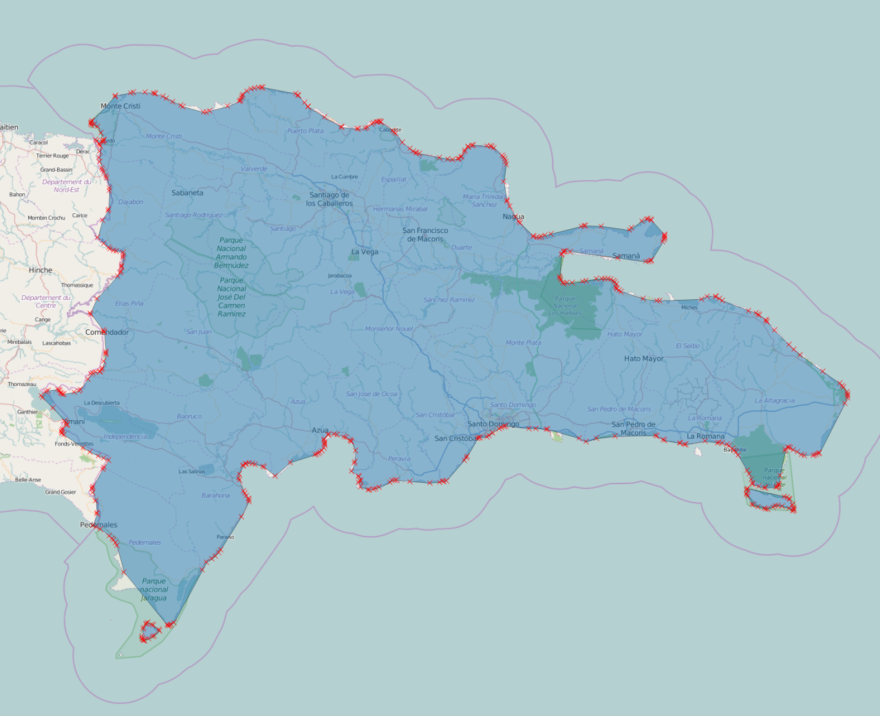 The Dominican Republic is represented by three polygons—one large and two much smaller for the outlying islands.