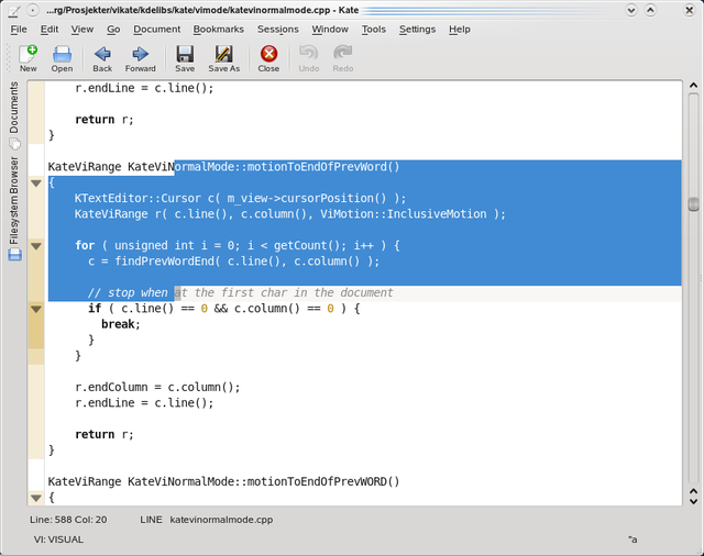 Kate Vi Input Mode in action – visual mode selection